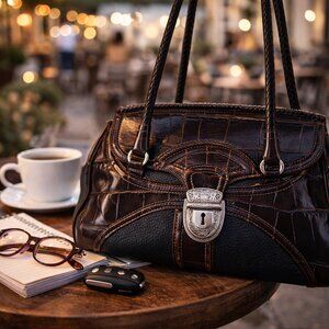 👜 Brighton Leather Satchel Brown Black Croc Embossed Silver Hardware Handbag